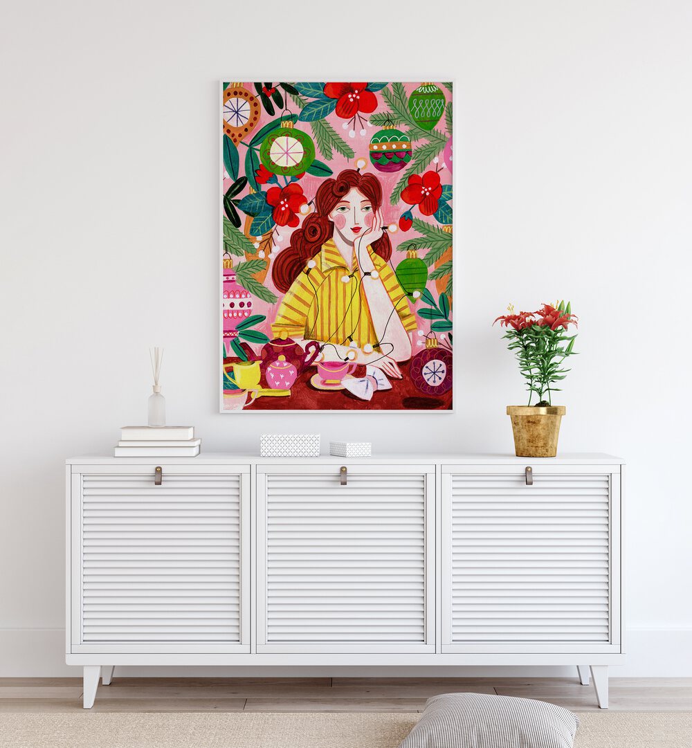 Retro Christmas Woman By Caroline Bonne Muller Women Paintings in White Plain Frame on a white wall above a console table