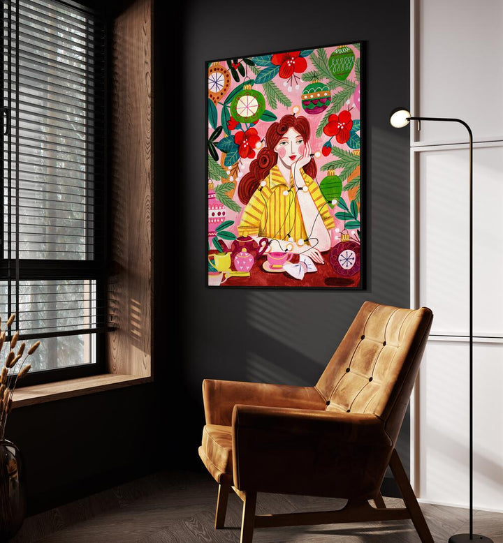 Retro Christmas Woman By Caroline Bonne Muller Women Paintings in Black Plain Frame on a wall beside an orange sofa