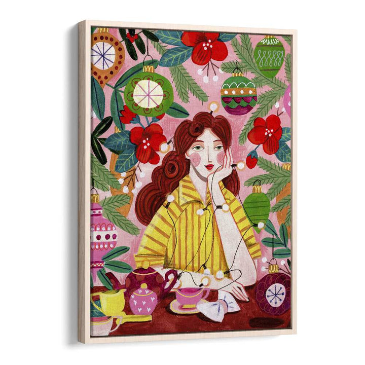 Retro Christmas Woman By Caroline Bonne Muller Women Paintings in Oak Wood Floater Frame