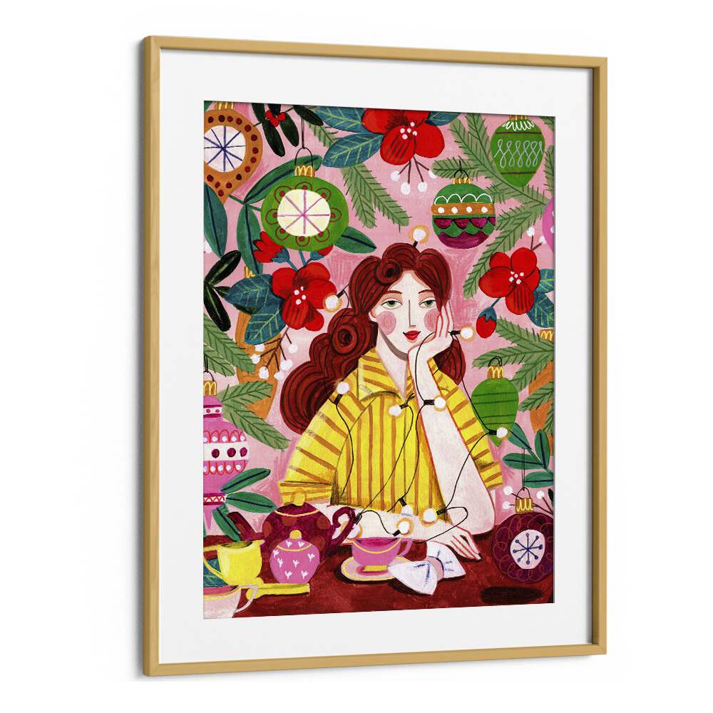 Retro Christmas Woman By Caroline Bonne Muller Women Paintings in Oak Wood Frame With Mount