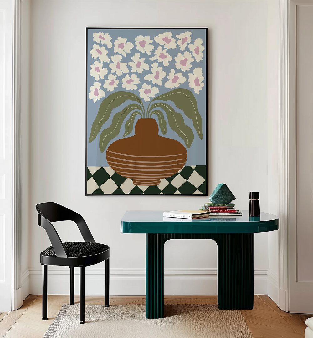 Retro Clay And Flower By Miho Art Studio Botanical Art Prints Floral Paintings in Black Plain Frame placed on a Cream Colored Wall near a Table in a Workspace in the Drawing Room