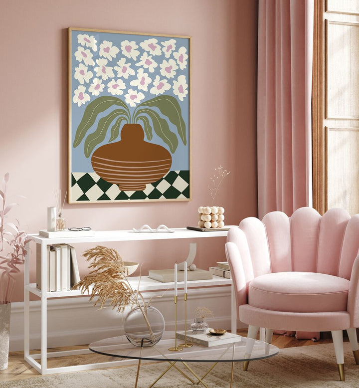 Retro Clay And Flower By Miho Art Studio Botanical Art Prints Floral Paintings in Oak Wood Plain Frame placed on a Pink Colored Wall above a Console Table in the Drawing Room