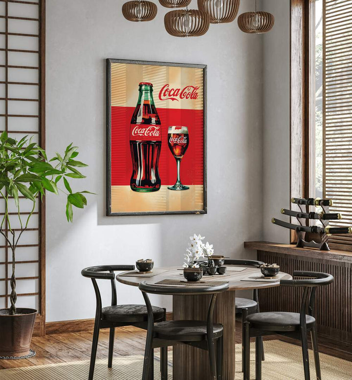 Retro Coca Cola Bottle Bar Posters Cafe Art Prints in Dark Wood Plain Frame placed on a White Colored Wall near a Coffee Table in the Dining Room