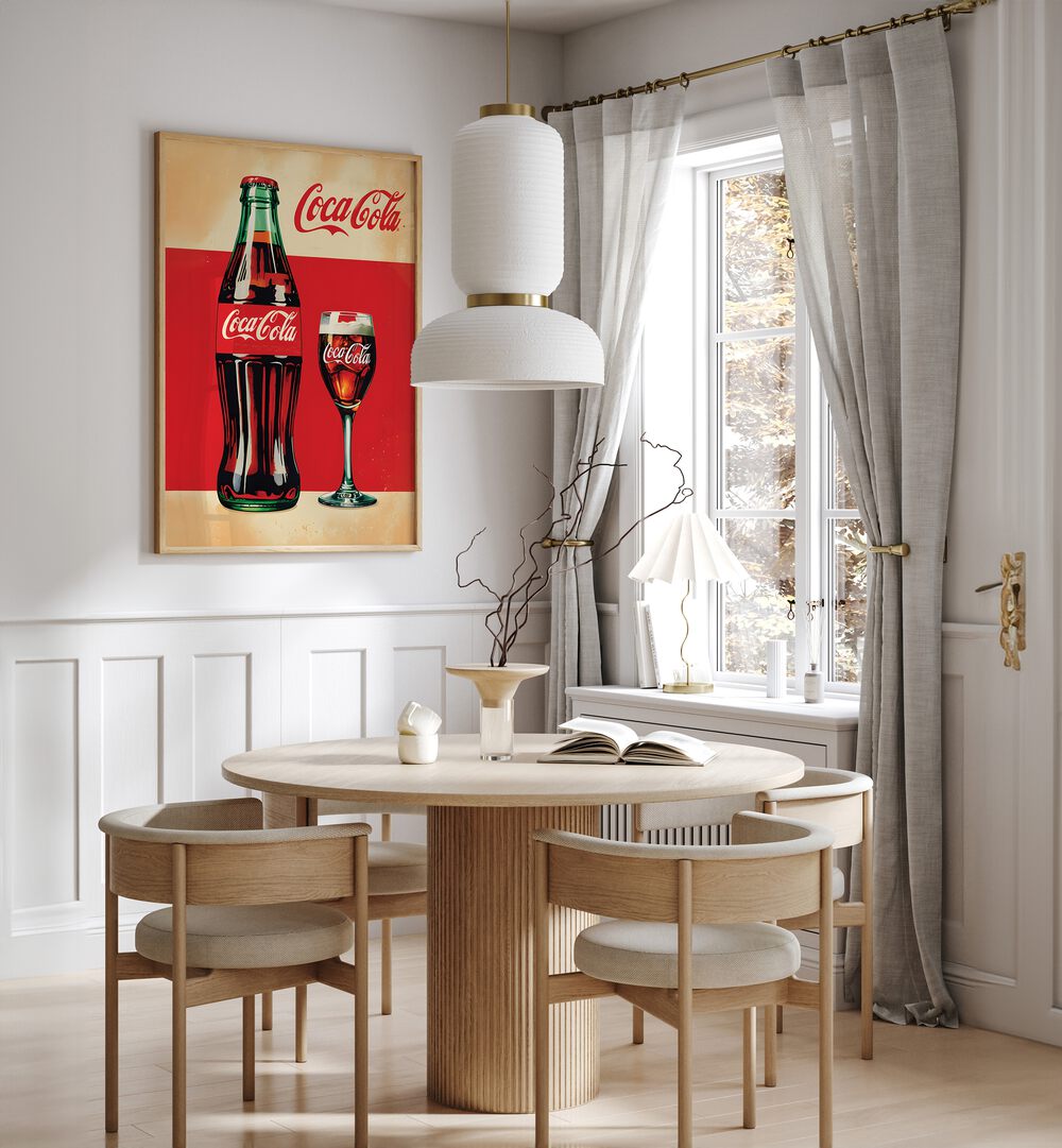 Retro Coca Cola Bottle Bar Posters Cafe Art Prints in Oak Wood Plain Frame placed on a White Colored Wall near a Coffee Table in the Dining Room