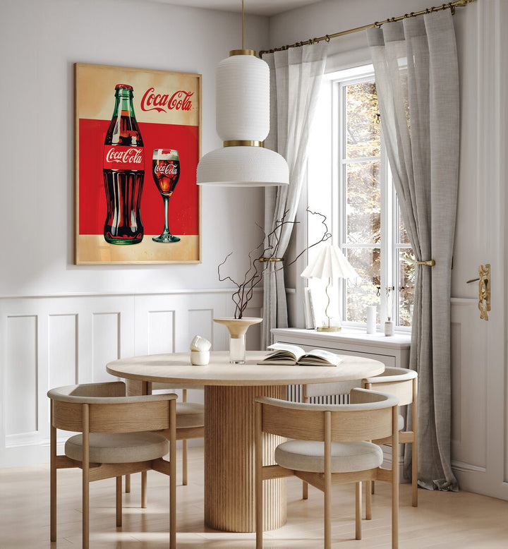 Retro Coca Cola Bottle Bar Posters Cafe Art Prints in Oak Wood Plain Frame placed on a White Colored Wall near a Coffee Table in the Dining Room