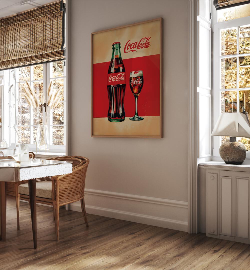 Retro Coca Cola Bottle Bar Posters Cafe Art Prints in Oak Wood Plain Frame placed on a White Colored Wall near a Dining Table in the Dining Room