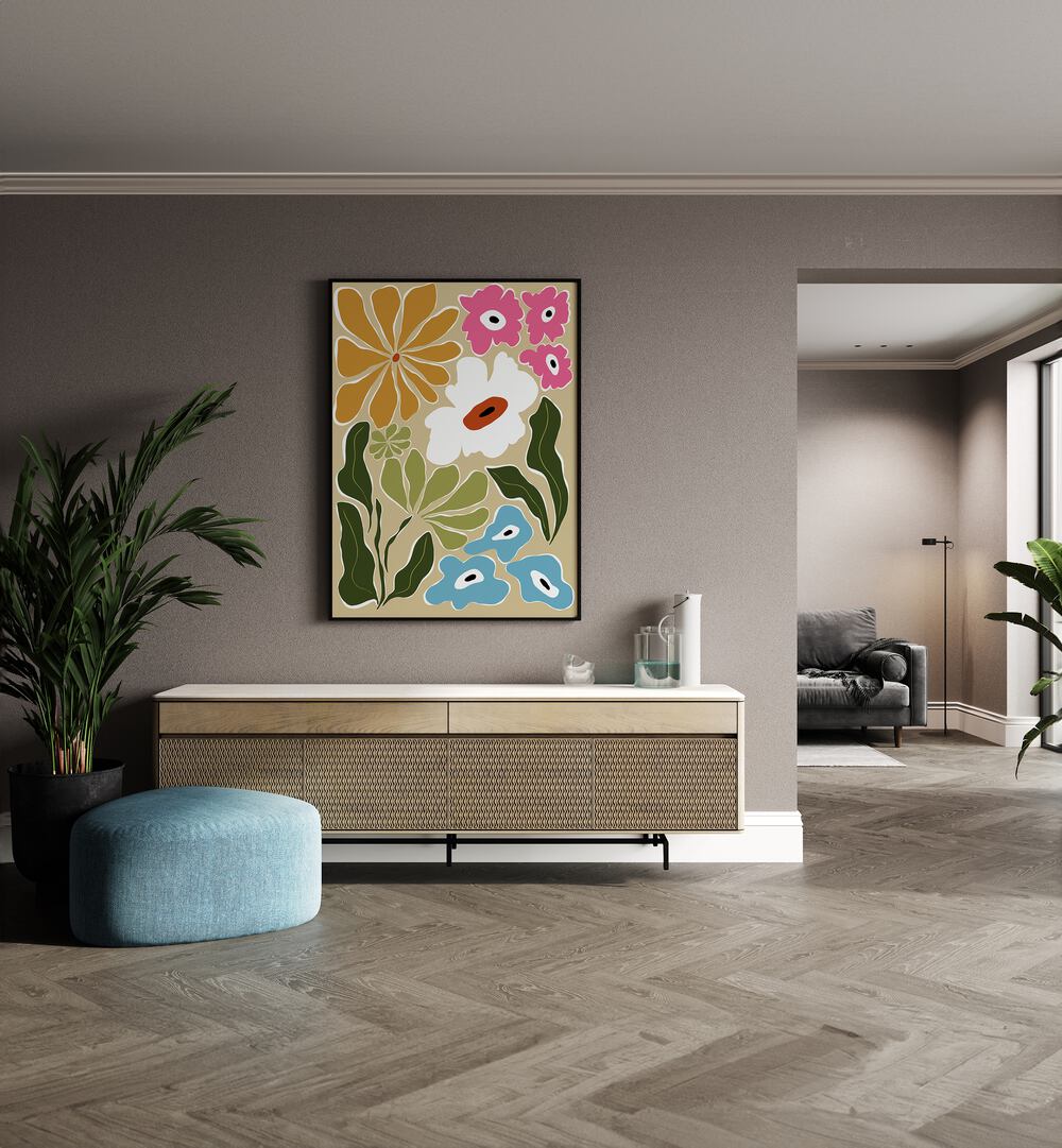 Retro Delight By Miho Art Studio Botanical Art Prints Floral Paintings in Black Plain Frame placed on a Beige Colored Wall above a Console Table in the Drawing Room