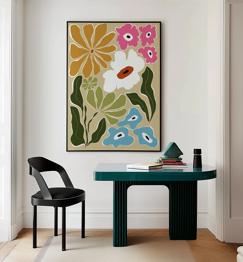 Retro Delight By Miho Art Studio Botanical Art Prints Floral Paintings in Black Plain Frame placed on a Cream Colored Wall near a Table in a Workspace in the Drawing Room