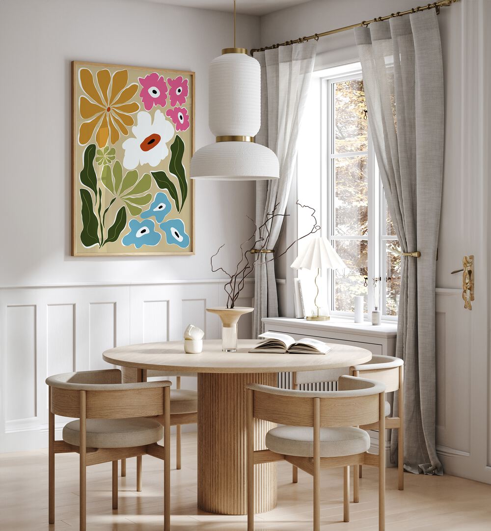 Retro Delight By Miho Art Studio Botanical Art Prints Floral Paintings in Oak Wood Plain Frame placed on a White Colored Wall near a Coffee Table in the Dining Room