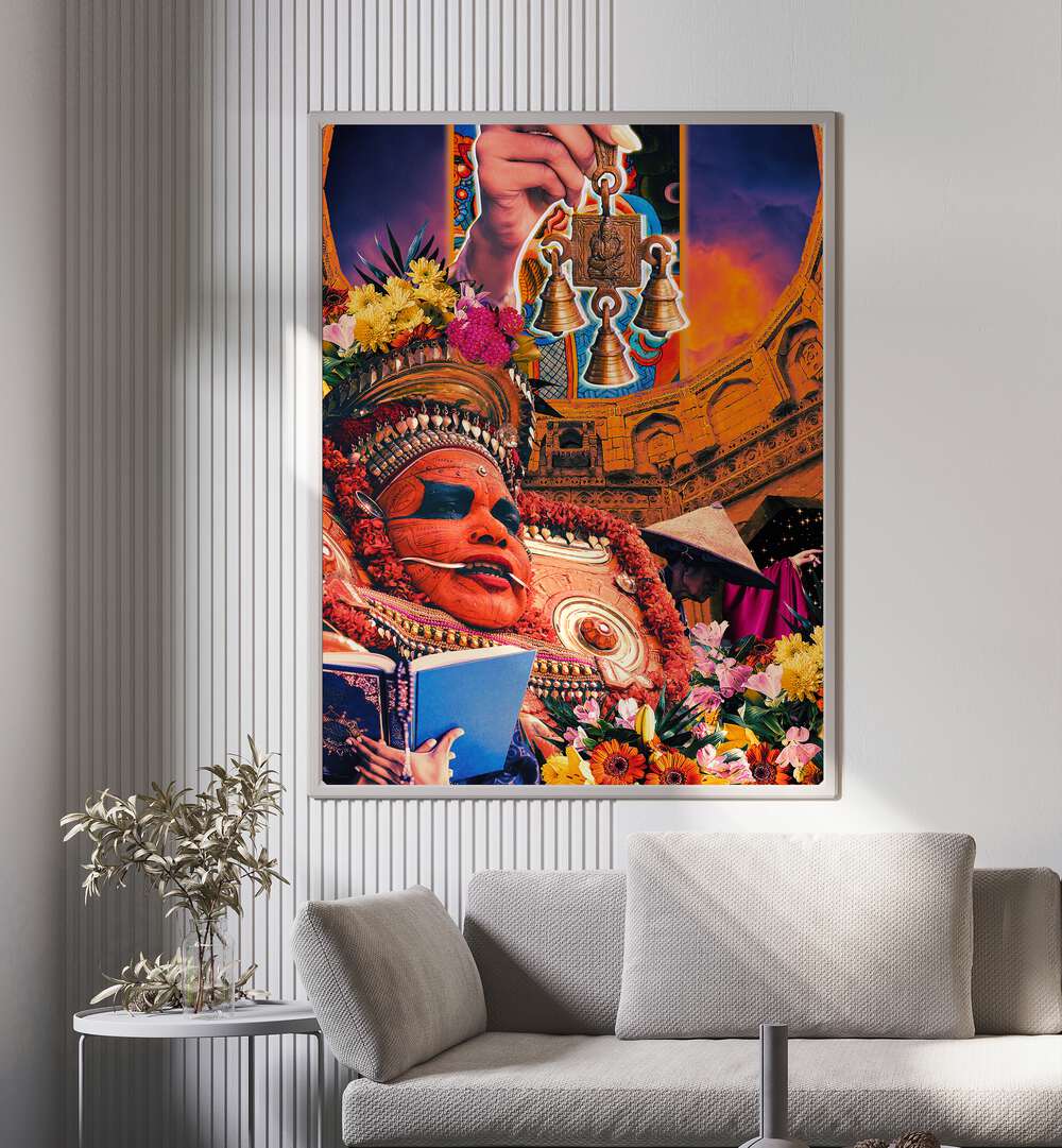 Retro Fantasy Culture Collage By Cosmo Zach Surreal Art Prints Surrealism in Black Plain Frame placed on the wall behind a sofa