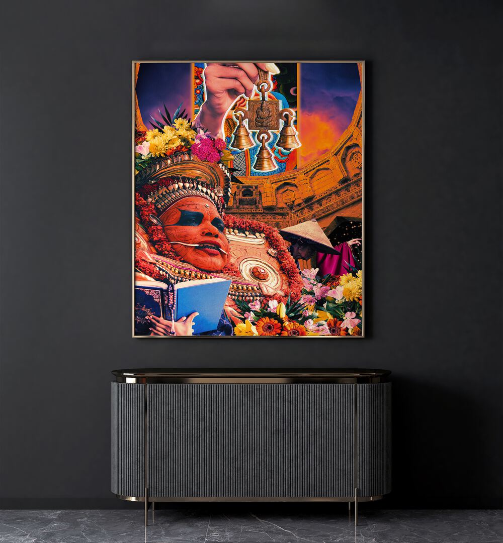 Retro Fantasy Culture Collage By Cosmo Zach Surreal Art Prints Surrealism in Oak Wood Plain Frame placed on the wall behind a console table