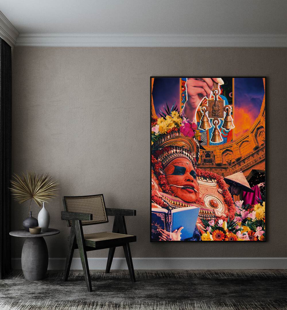 Retro Fantasy Culture Collage By Cosmo Zach Surreal Art Prints Surrealism in Black Plain Frame placed on a wall beside a chair