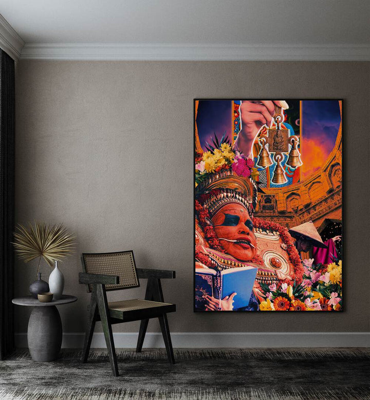 Retro Fantasy Culture Collage By Cosmo Zach Surreal Art Prints Surrealism in Black Plain Frame placed on a wall beside a chair