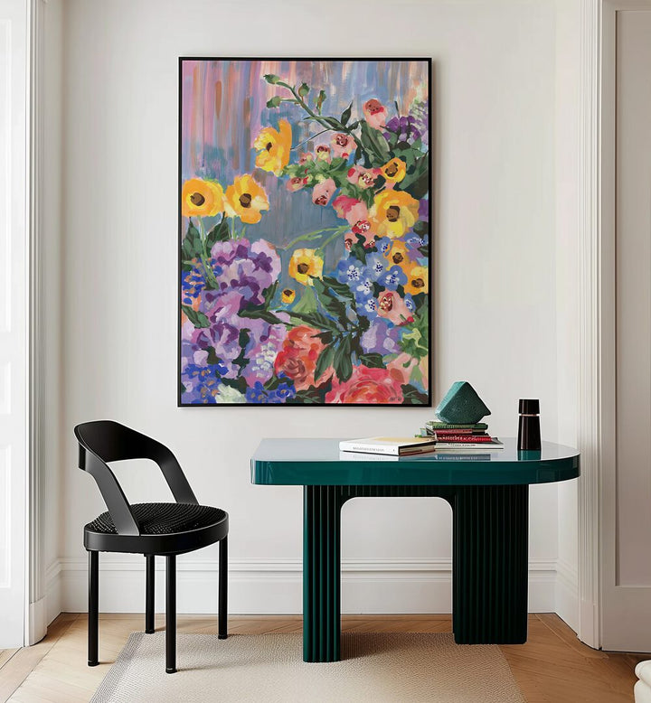 Retro Floral Bouquet By Ania Zwara Botanical Art Prints Floral Paintings in Black Plain Frame placed on a Cream Colored Wall near a Table in a Workspace in the Drawing Room