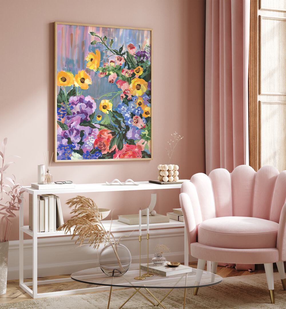 Retro Floral Bouquet By Ania Zwara Botanical Art Prints Floral Paintings in Oak Wood Plain Frame placed on a Pink Colored Wall above a Console Table in the Drawing Room