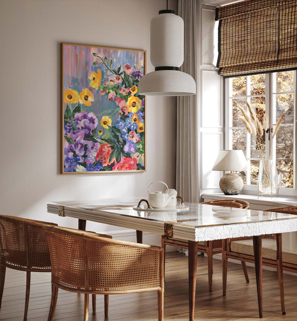 Retro Floral Bouquet By Ania Zwara Botanical Art Prints Floral Paintings in Oak Wood Plain Frame placed on a Cream Colored Wall near a Dining Table in the Dining Room