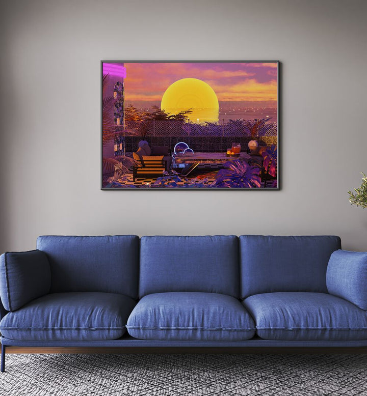 Retro Futurism Vaporwave Sunset By Cosmo Zach Surreal Art Prints Surrealism in Black Plain Frame placed on the wall behind a blue sofa