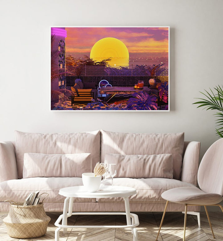 Retro Futurism Vaporwave Sunset By Cosmo Zach Surreal Art Prints Surrealism in White Plain Frame placed on the wall behind a sofa