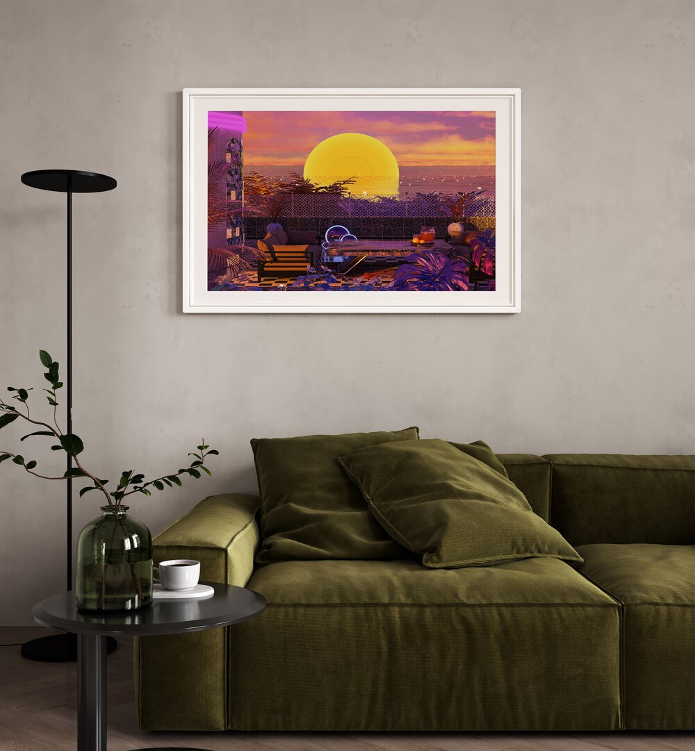 Retro Futurism Vaporwave Sunset By Cosmo Zach Surreal Art Prints Surrealism in White Frame With Mount placed on the wall behind a green sofa