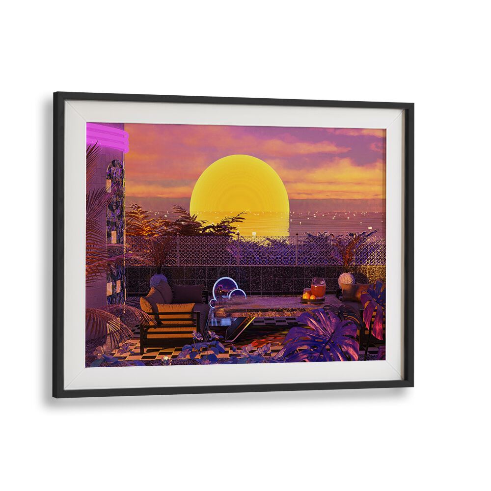 Retro Futurism Vaporwave Sunset By Cosmo Zach Surreal Art Prints in Black Frame With Mount