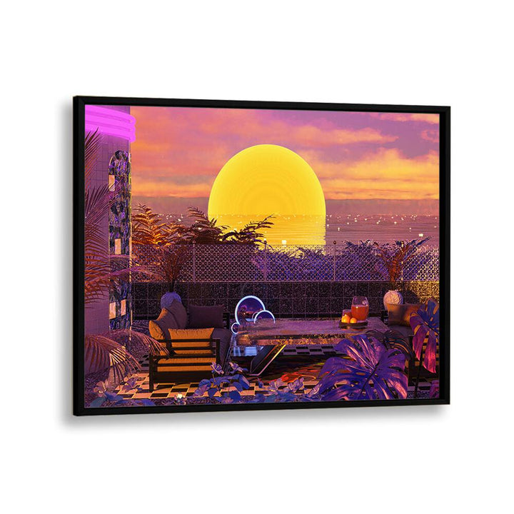 Retro Futurism Vaporwave Sunset By Cosmo Zach Surreal Art Prints in Black Plain Frame