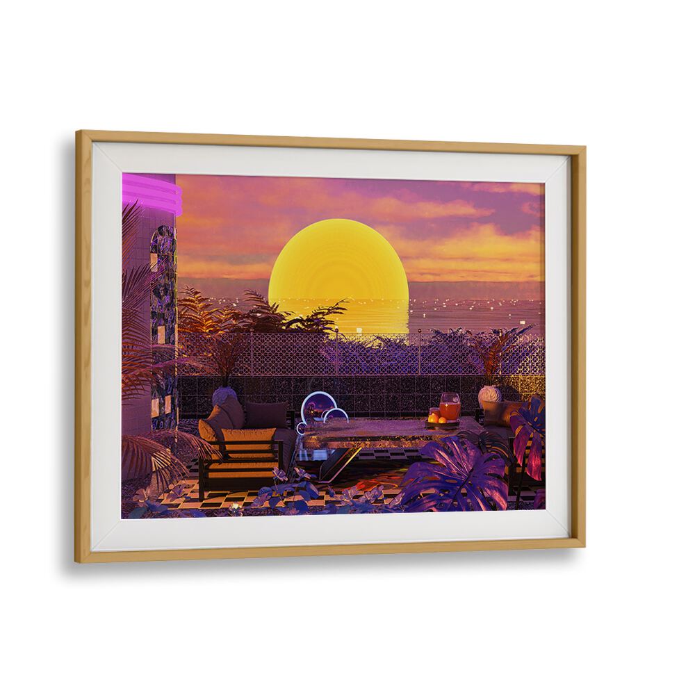 Retro Futurism Vaporwave Sunset By Cosmo Zach Surreal Art Prints in Oak Wood Frame With Mount