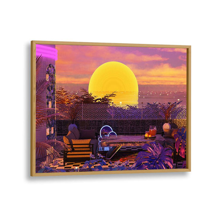 Retro Futurism Vaporwave Sunset By Cosmo Zach Surreal Art Prints in Oak Wood Plain Frame