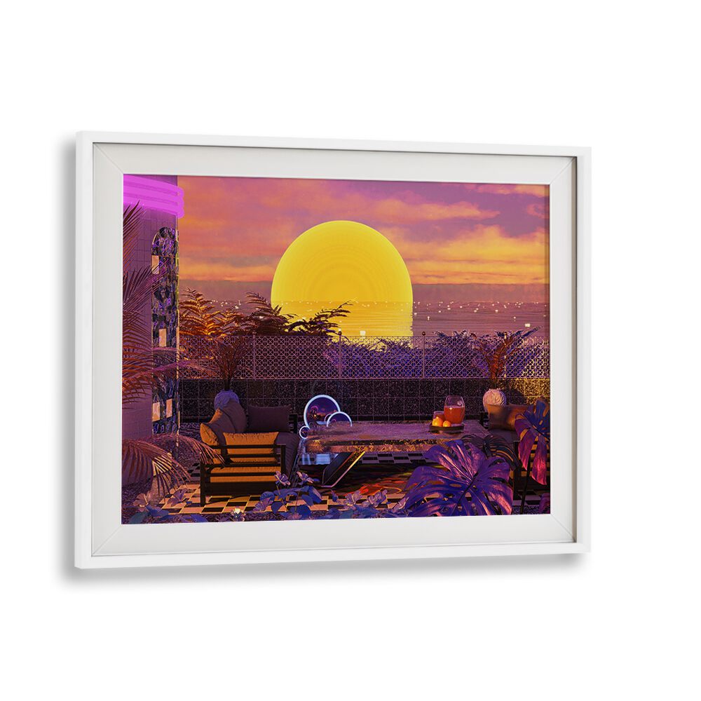 Retro Futurism Vaporwave Sunset By Cosmo Zach Surreal Art Prints in White Frame With Mount