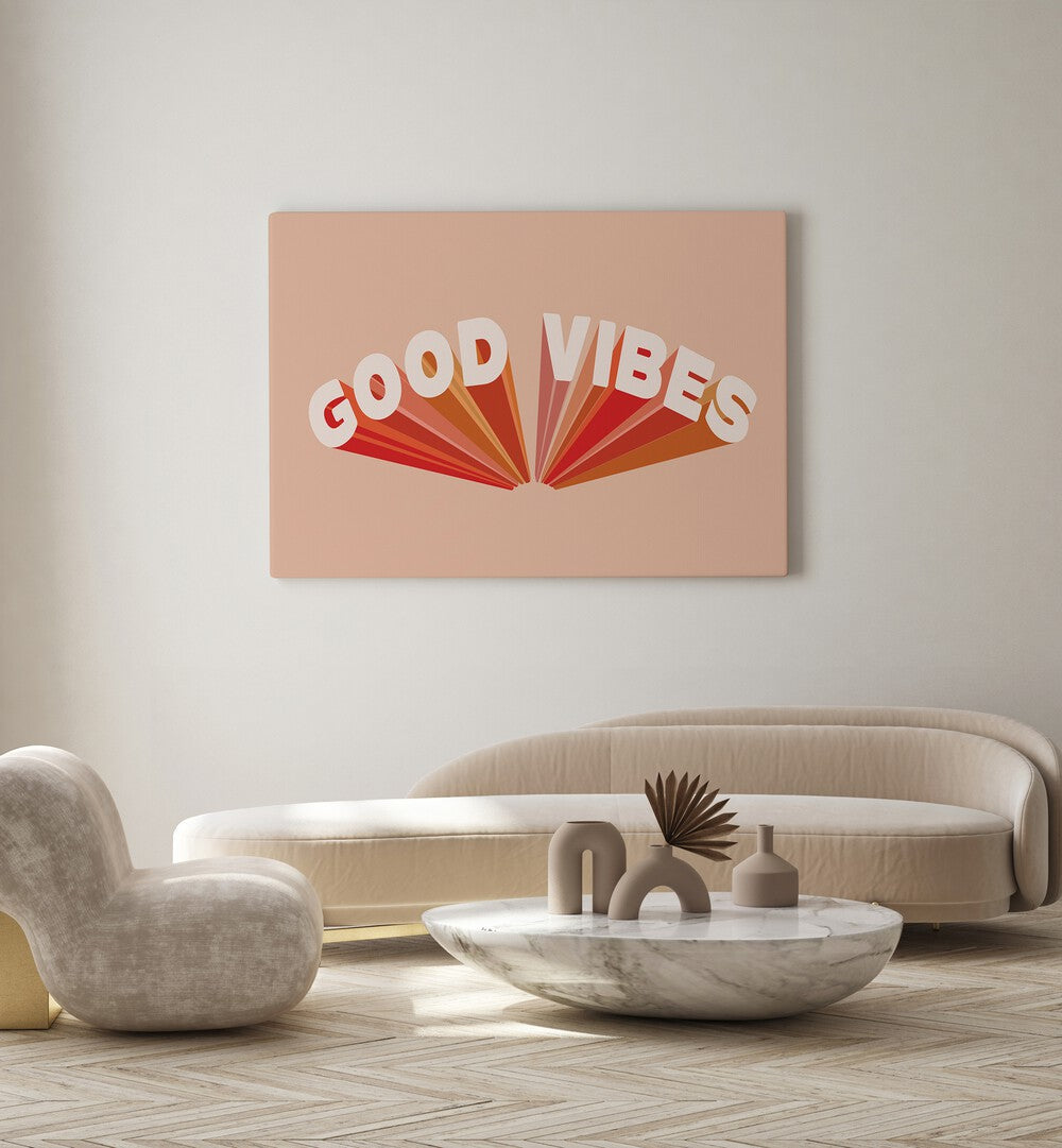 Retro Good Vibes ii Quotes and Typography Posters Posters in Gallery Wrap placed on a wall behind a sofa