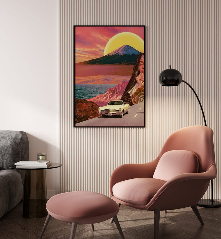 Retro Landscape Collage By Cosmo Zach Surreal Art Prints Surrealism in Black Plain Frame placed on a wall beside a sofa