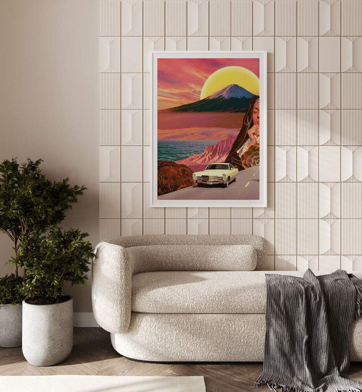 Retro Landscape Collage By Cosmo Zach Surreal Art Prints Surrealism in White Plain Frame placed on a wall behind a sofa