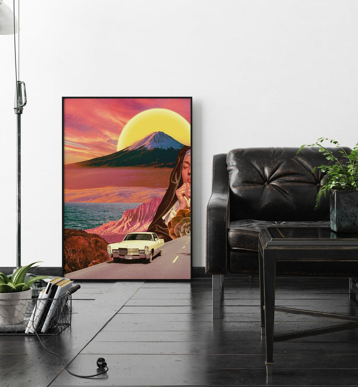 Retro Landscape Collage By Cosmo Zach Surreal Art Prints Surrealism in Black Plain Frame placed on a floor beside a black sofa