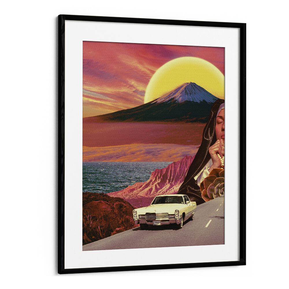 Retro Landscape Collage By Cosmo Zach Surreal Art Prints in Black Frame With Mount