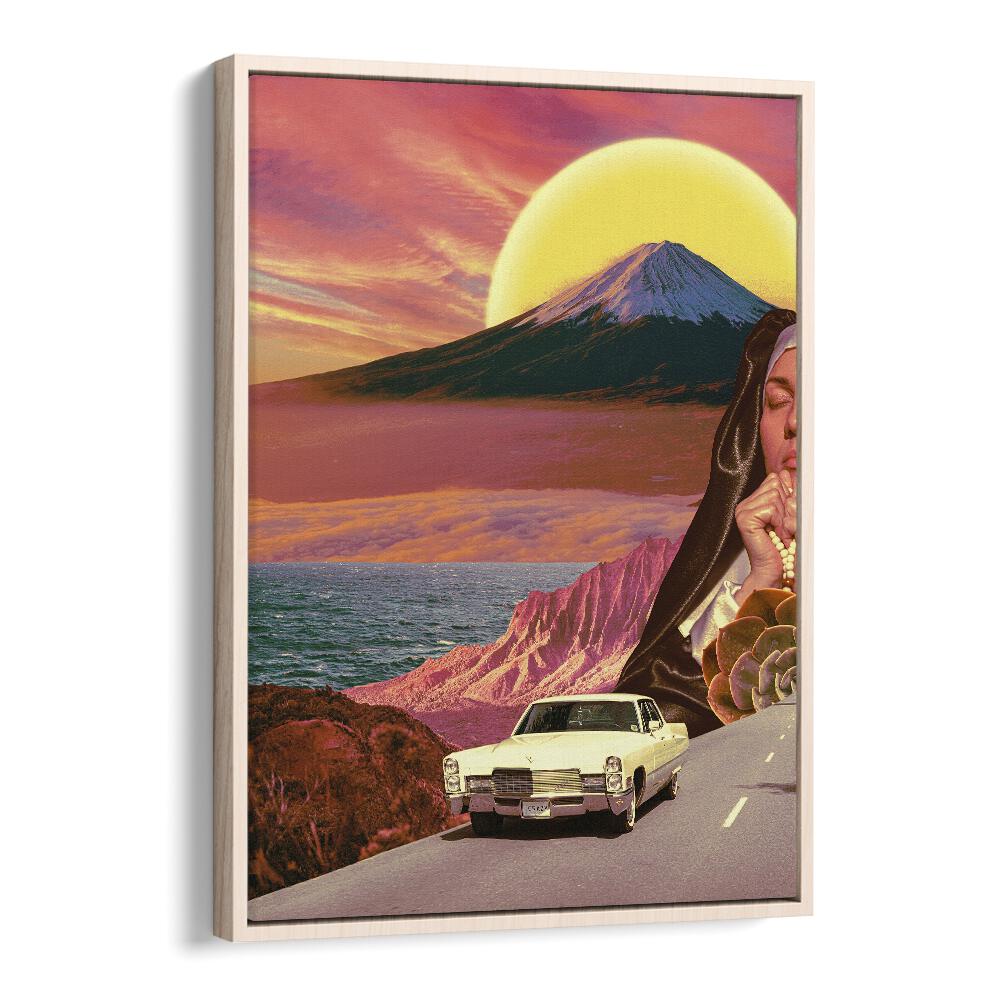 Retro Landscape Collage By Cosmo Zach Surreal Art Prints in Oak Wood Floater Frame