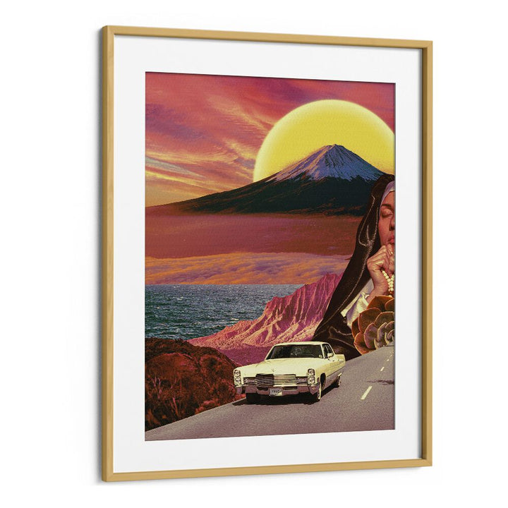 Retro Landscape Collage By Cosmo Zach Surreal Art Prints in Oak Wood Frame With Mount