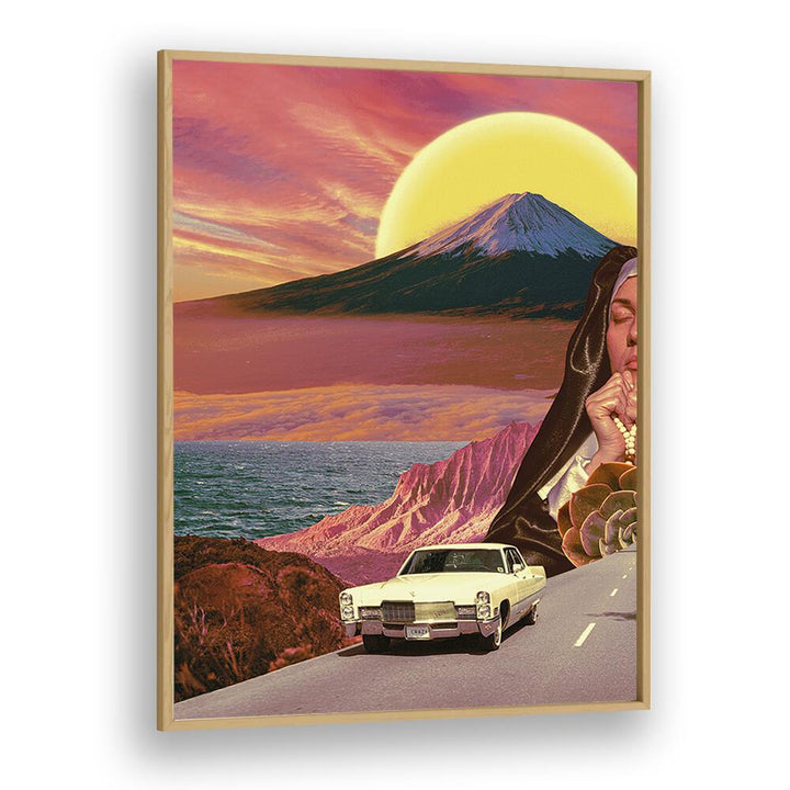 Retro Landscape Collage By Cosmo Zach Surreal Art Prints in Oak Wood Plain Frame