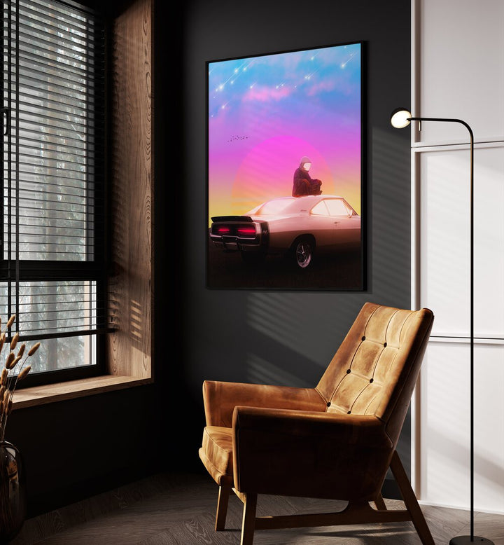 Retro Meditation By Ritvik Takkar Surrealism in Black Plain Frame placed on a Dark Grey Colored Wall in the Drawing Room