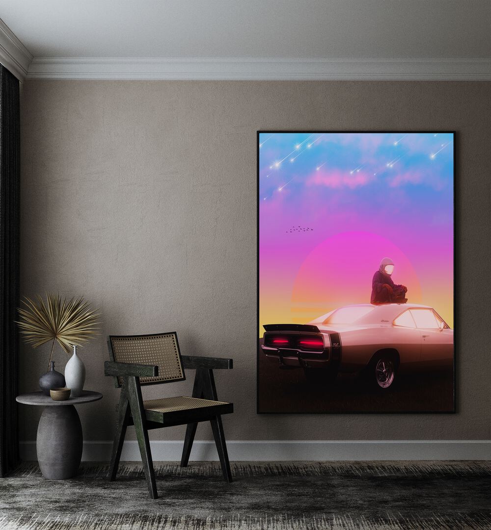 Retro Meditation By Ritvik Takkar Surrealism in Black Plain Frame placed on a Beige Colored Wall in the Drawing Room