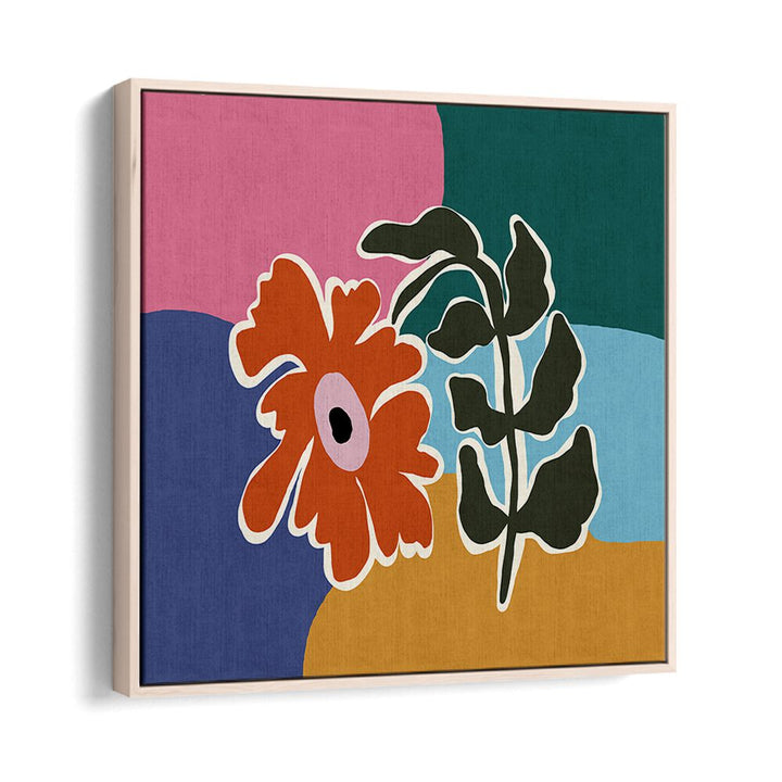 Retro Minimal Flower I by Miho Art Studio Botanical Art Prints Floral Paintings in Oak Wood Floater Frame