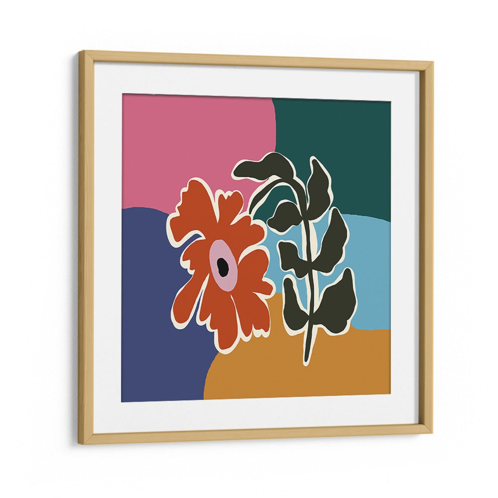 Retro Minimal Flower I by Miho Art Studio Botanical Art Prints Floral Paintings in Oak Wood Frame With Mount