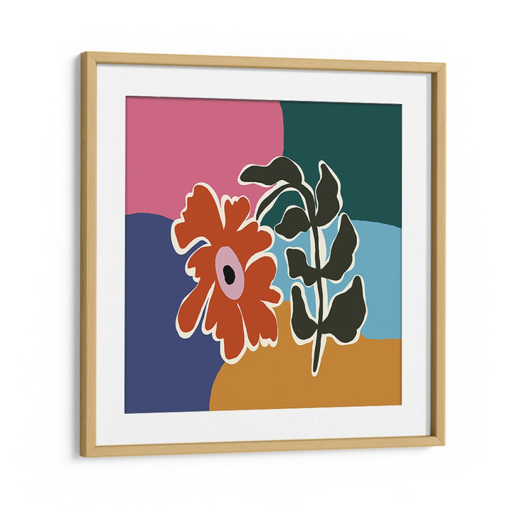 Retro Minimal Flower I by Miho Art Studio Botanical Art Prints Floral Paintings in Oak Wood Frame With Mount