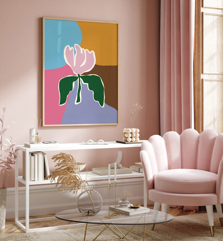 Retro Minimal Flower II By Miho Art Studio Botanical Art Prints Floral Paintings in Oak Wood Plain Frame placed on a Pink Colored Wall above a Console Table in the Drawing Room