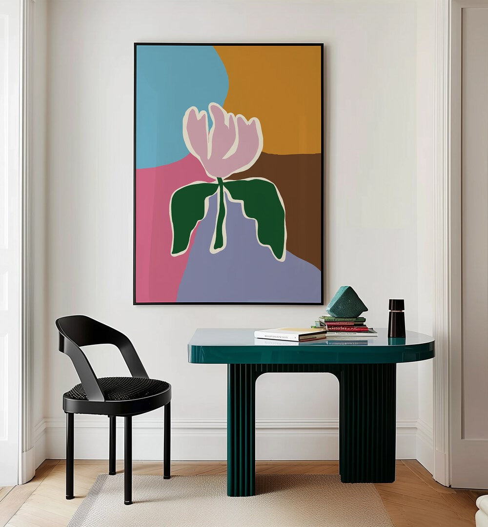 Retro Minimal Flower II By Miho Art Studio Botanical Art Prints Floral Paintings in Black Plain Frame placed on a Cream Colored Wall near a Table in a Workspace in the Drawing Room