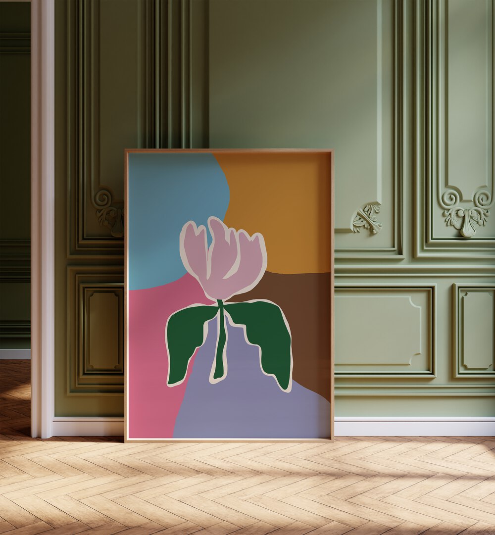 Retro Minimal Flower II By Miho Art Studio Botanical Art Prints Floral Paintings in Oak Wood Plain Frame placed on the floor near a Green Colored Wall in the Alley Way