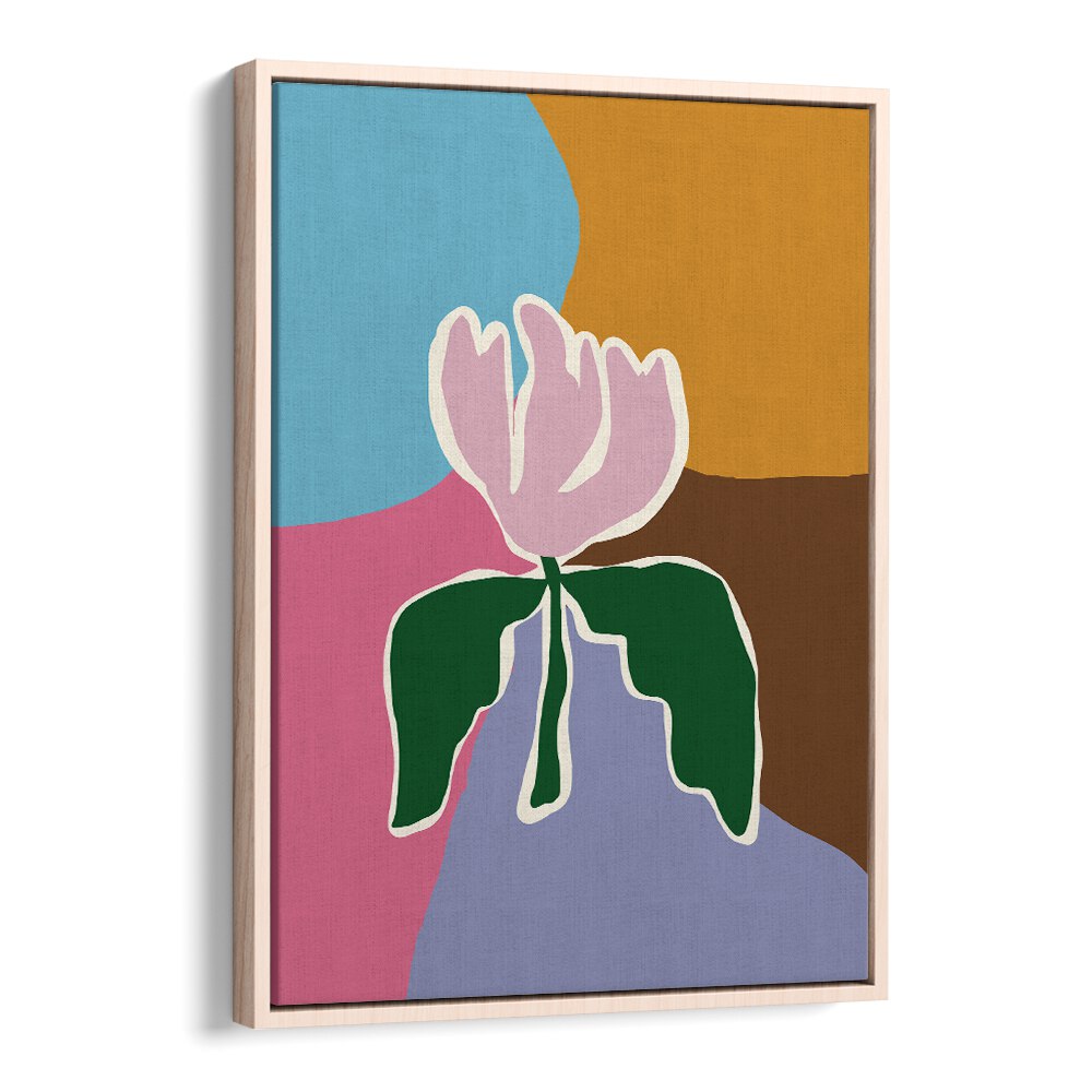 Retro Minimal Flower II by Miho Art Studio Botanical Art Prints Floral Paintings in Oak Wood Floater Frame