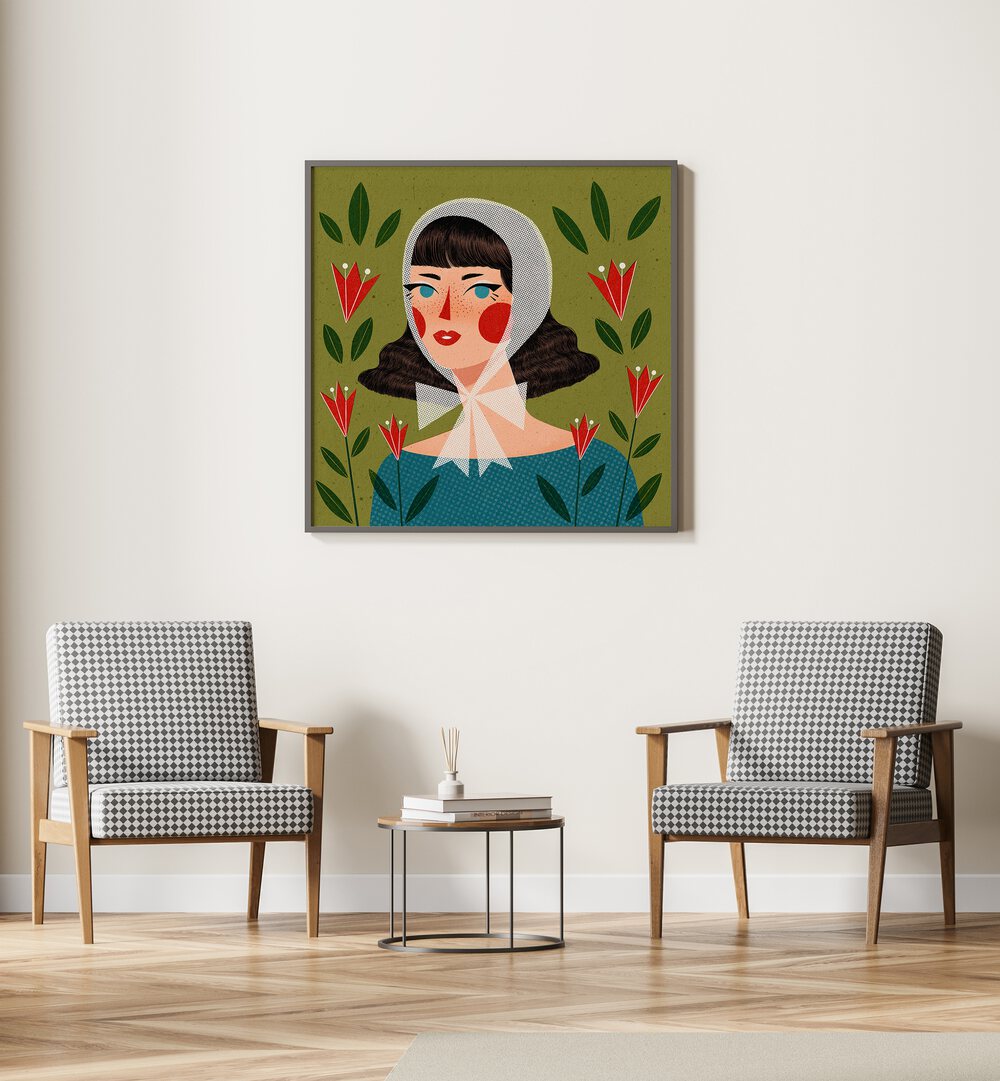 Retro Portrait By Julia Leister Women Illustration Paintings in Black Plain Frame on a white wall placed behind and in between two chairs