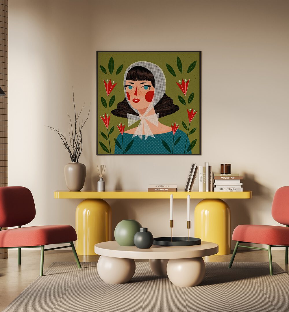 Retro Portrait By Julia Leister Women Illustration Paintings in Black Plain Frame on a wall placed behind a yellow table