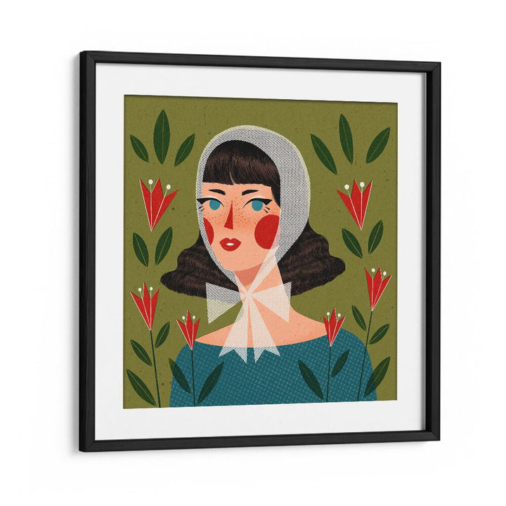 Retro Portrait By Julia Leister Women Illustration Paintings in Black Frame With Mount