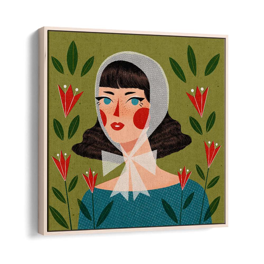 Retro Portrait By Julia Leister Women Illustration Paintings in Oak Wood Floater Frame