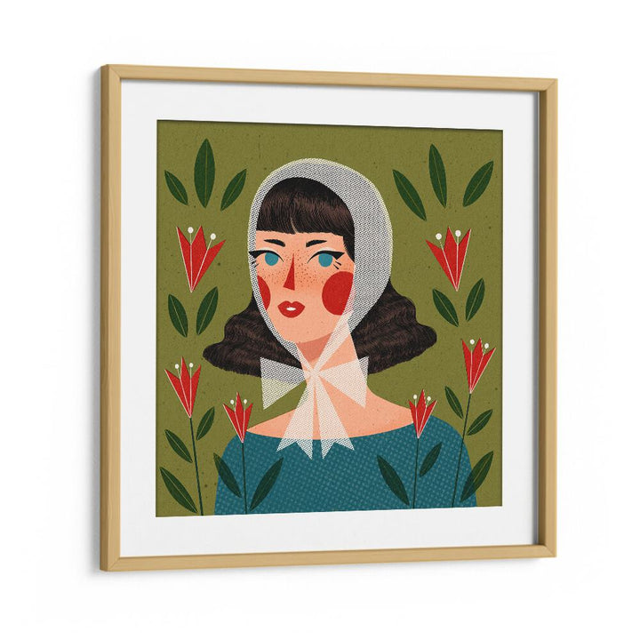 Retro Portrait By Julia Leister Women Illustration Paintings in Oak Wood Frame With Mount